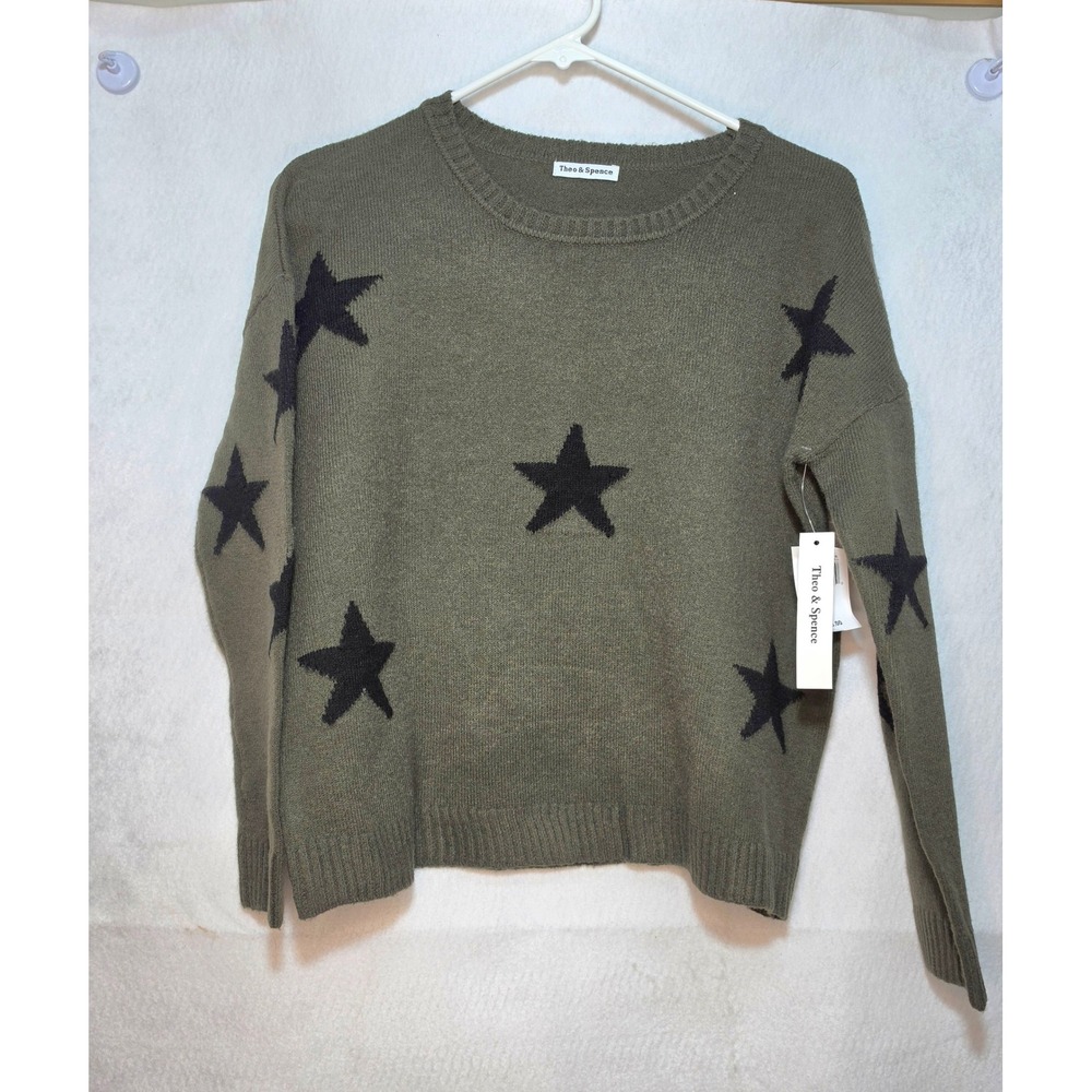 Theo & Spence Womens Star Intarsia Crew Neck Sweater Loden Green Black XS TS9600